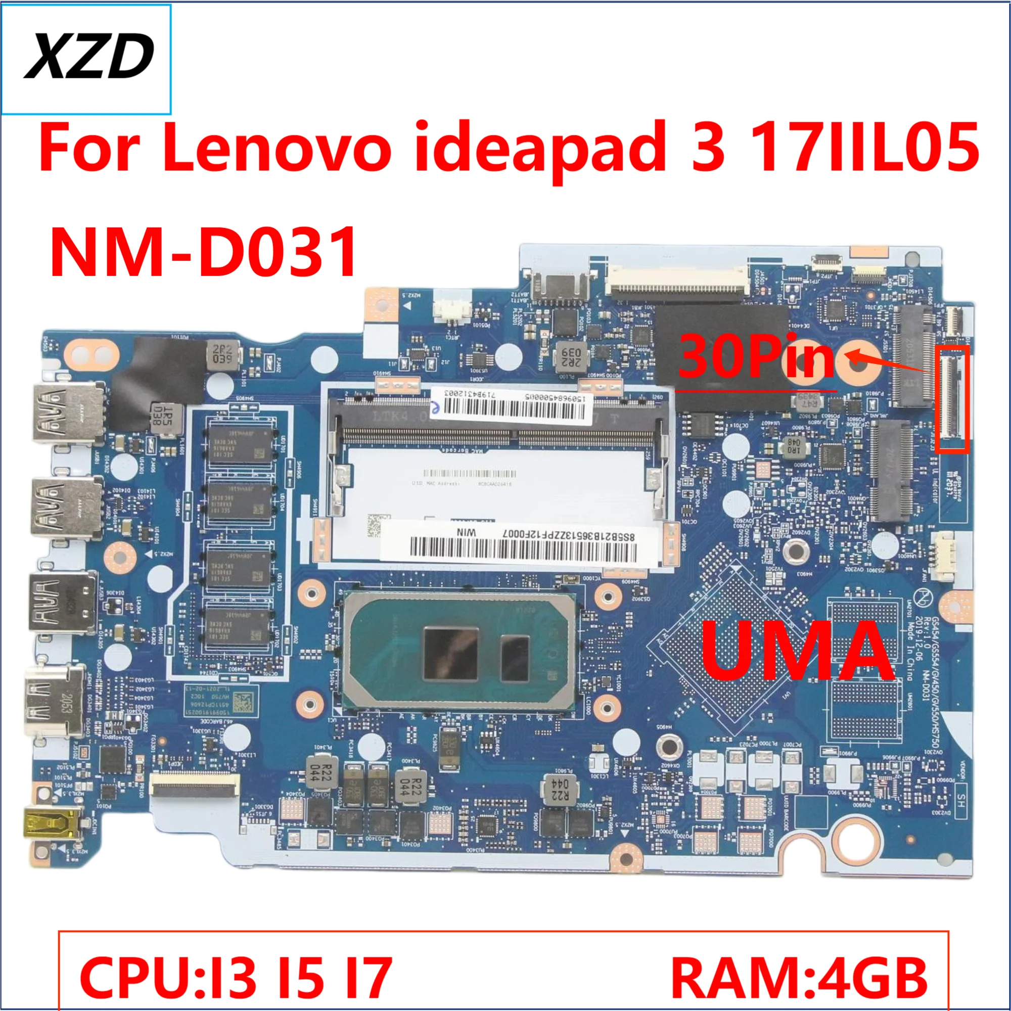 NM-D031 Mainboard For Lenovo ideapad 3-17IIL05 Laptop Motherboard with i3 i5 i7 CPU  4G-RAM 100% TEST OK