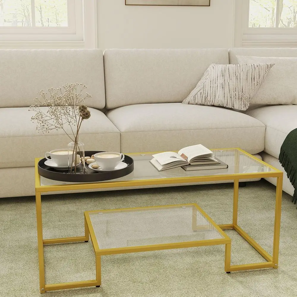 Gold Metal Frame 2-Tier Rectangular Glass Coffee Table for Small Spaces, Suitable for Living Room and Office