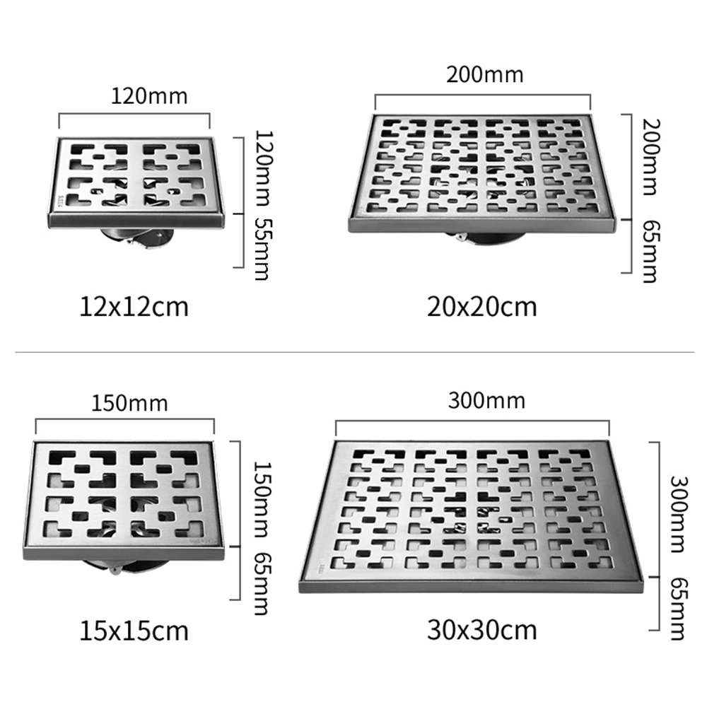 Drain de déchets de sol en acier inoxydable, forme carrée, cuisine et balcon, 10 cm, 12 cm, 15 cm, 20 cm, 30cm