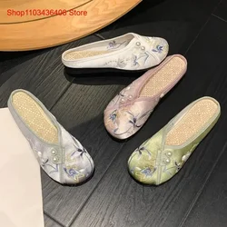 Summer Ethnic Style Baotou Slippers Women Soft Bottom Han Element Retro Mercerized Satin Shoes Women's Sandals Two Sizes Smaller