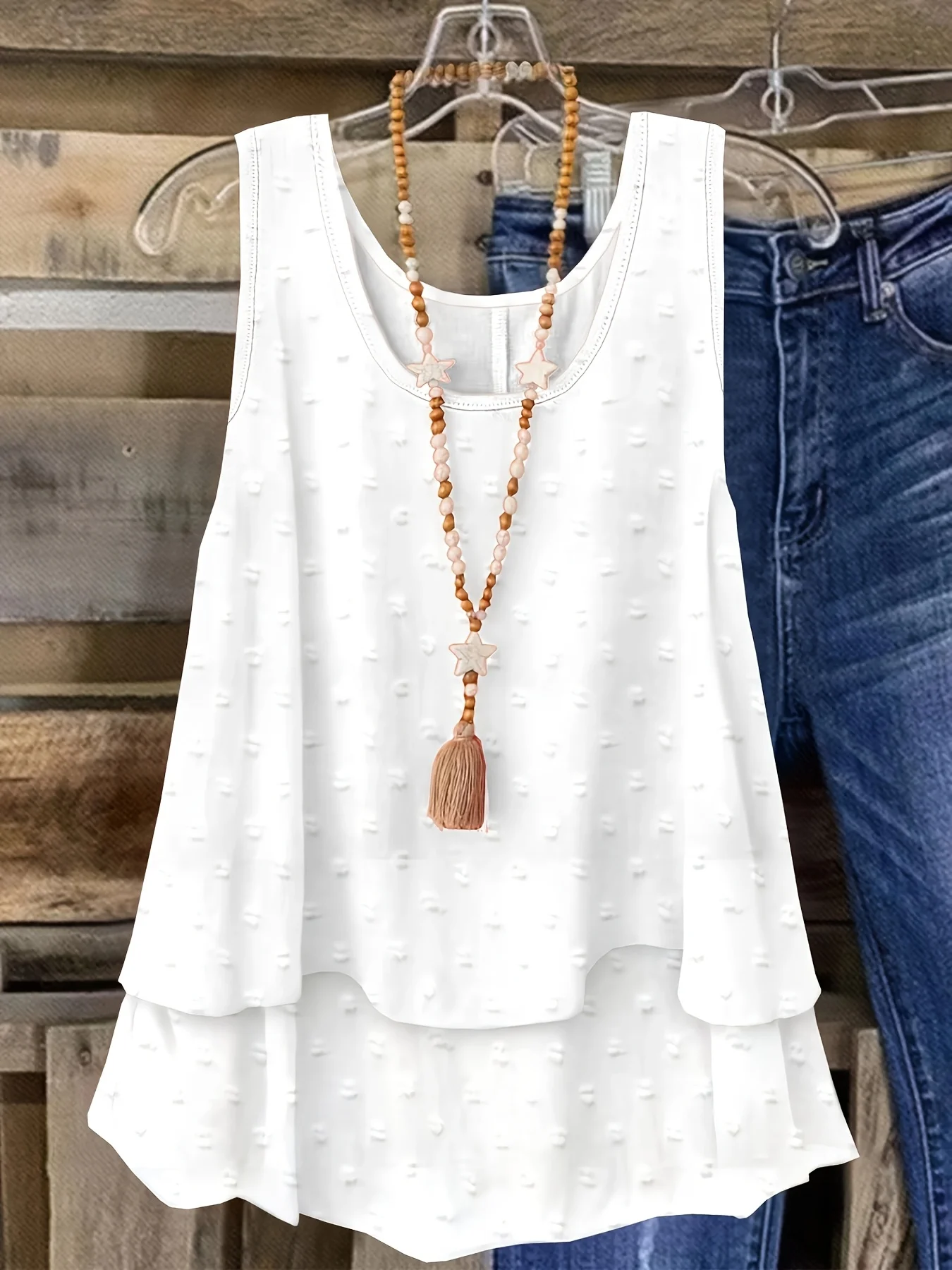 

Women Solid Double Layer Fake Two Piece Sleeveless Vest Summer Top