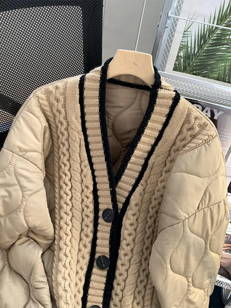 V-neck Knitted Patchwork Causal Women Parka Coat Long Sleeve Single Breasted Quilted Jacket 2023 Autumn Winter Parkas