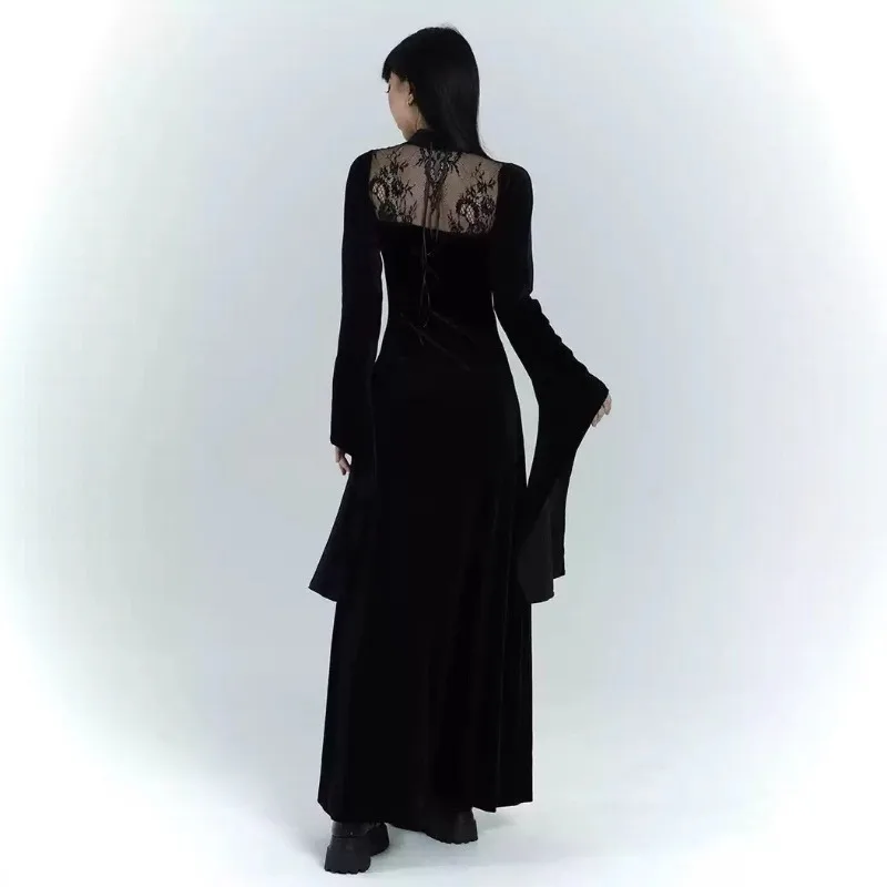 2025 neue Frauen Sexy Spitze Split Lange Kleider Ausschnitt Patchwork Lange Flare Hülse Halloween Hexe Cosplay Kleid Bodycon Party Kleid