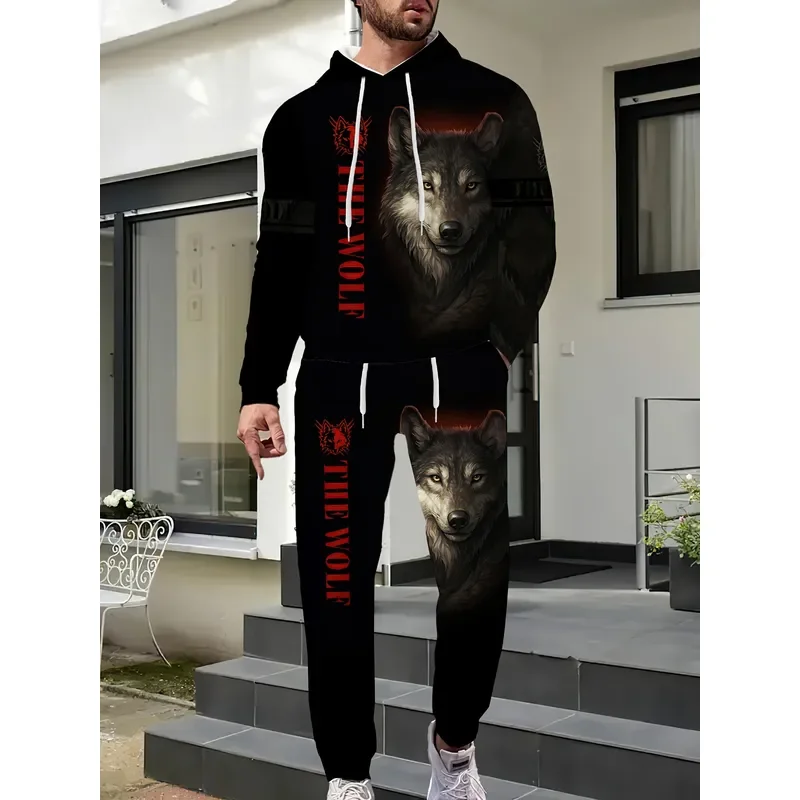 Men's Fashion Sweater Set Wolf Pattern Design 3D Printed Casual Sports Set 2-piece Machine Washable