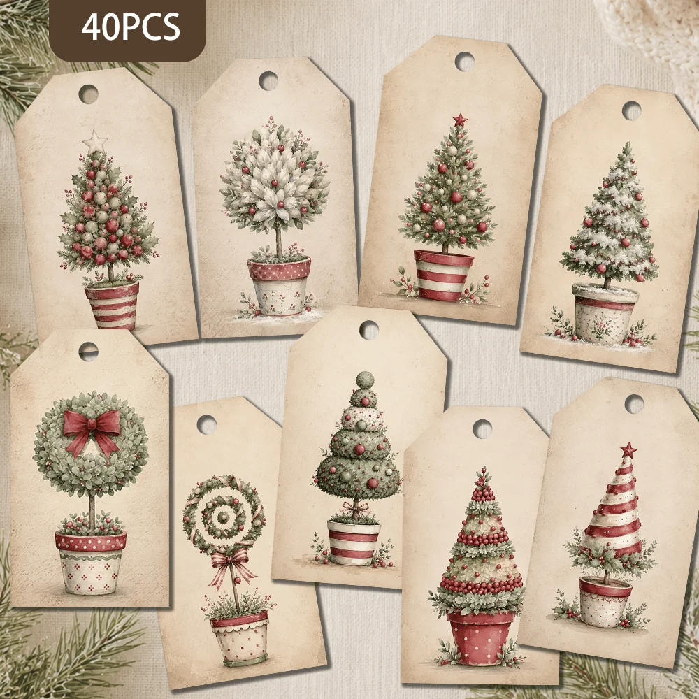 40pcs, Vintage Christmas Tree Decorative Tags, Holiday Gift Labels, Party Decorations, Handmade Packaging Accents, Jute Rope