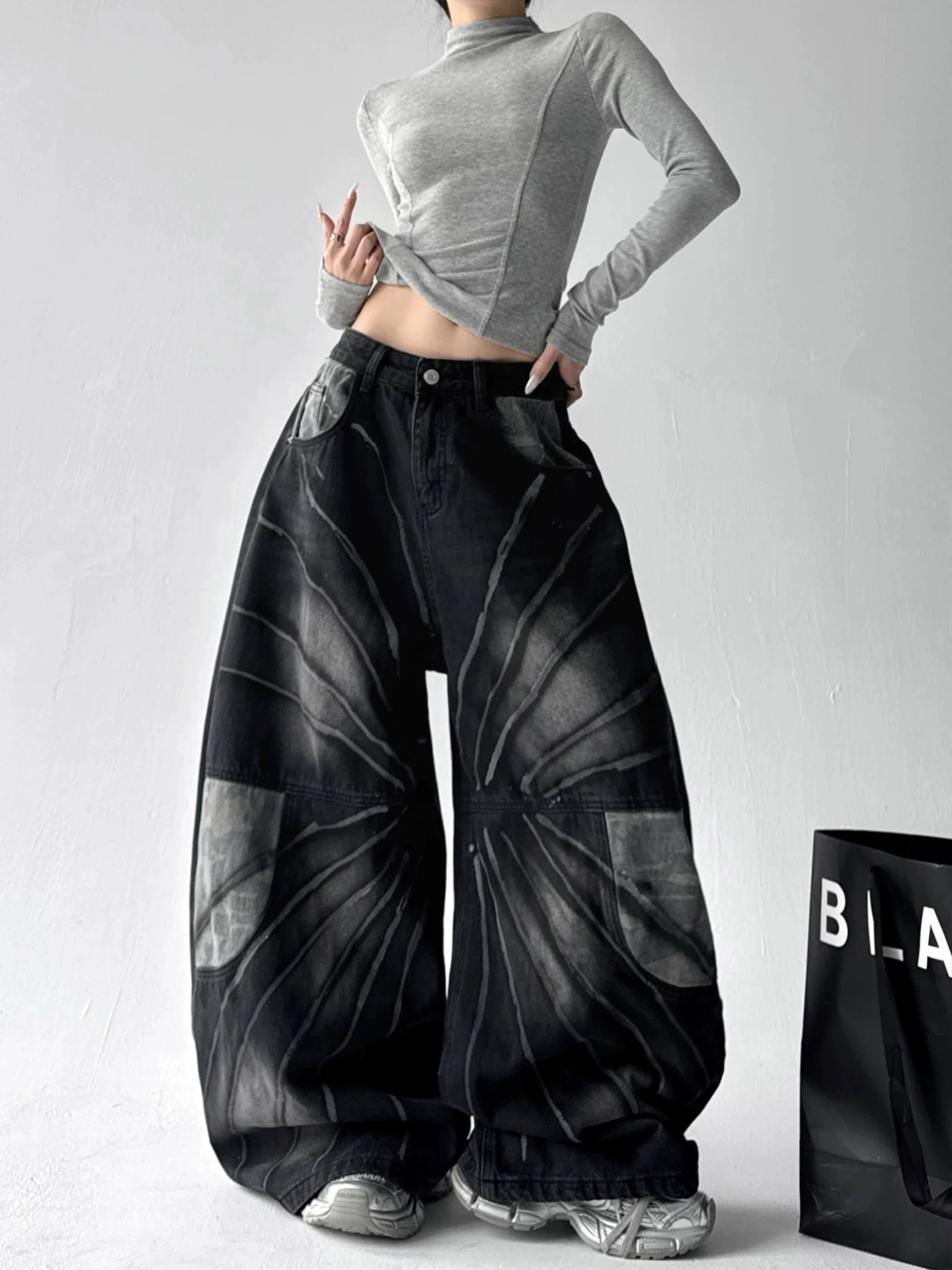 Women's Black Gothic Emo Y2k Jeans Oversize Grunge Wide Cowboy Pants Vintage Harajuku Baggy Denim Trousers Alternative Clothes