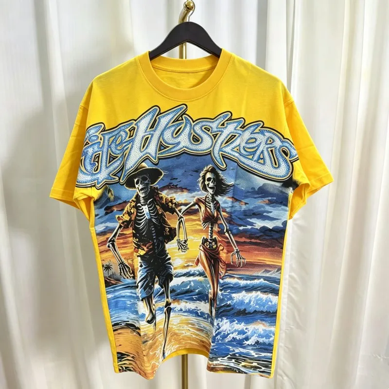 Male Female Skeletons Seaside Hold Hands Surfing Couple Short Sleeve Hustlers Tshirt Hotfix Rhinestone Letter Casual Loose Tops