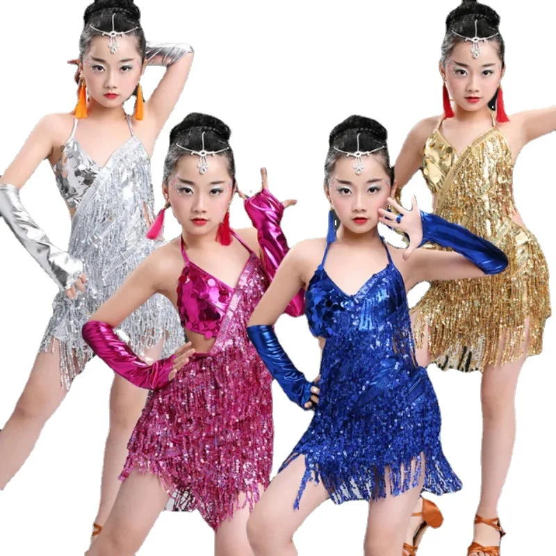 Children\'s Latin dance dress costume girls group competition practice clothes sequin costumes ballroom dance competition dresses