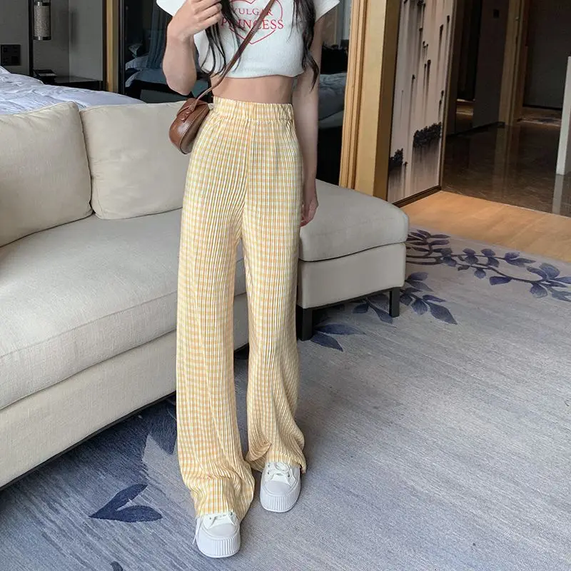 Versatile Women's Printed Checkered Wide-Leg High-Waist Draping Floor-Length Pants New Loose Pleated Casual Straight-Leg