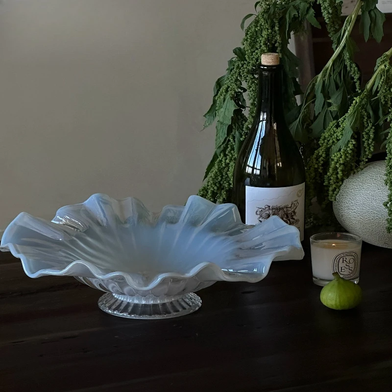 Original [Blue Mist Bone Porcelain Series] French retro light luxury home glass fruit basket fruit plate