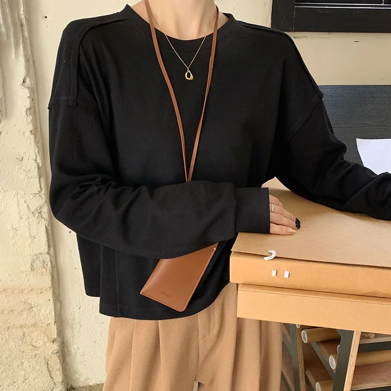 T-shirt à manches longues et col rond pour femme, ample, polyvalent et fin, Style paresseux, couleur unie, nouvelle collection 2025