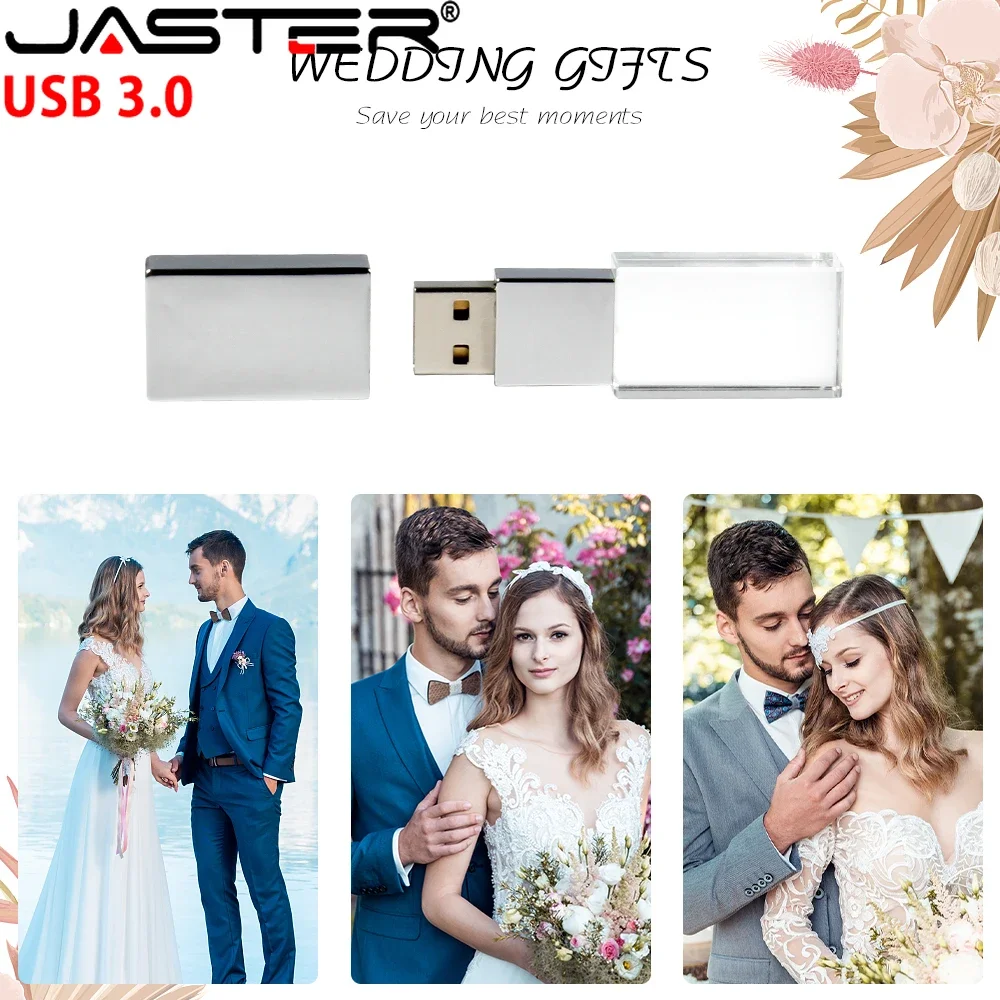 High Speed LED Crystal USB 3.0 Flash Drive 64GB Free Customized Logo Pen Drive 32GB Wedding Photography Gift Black Box U Disk