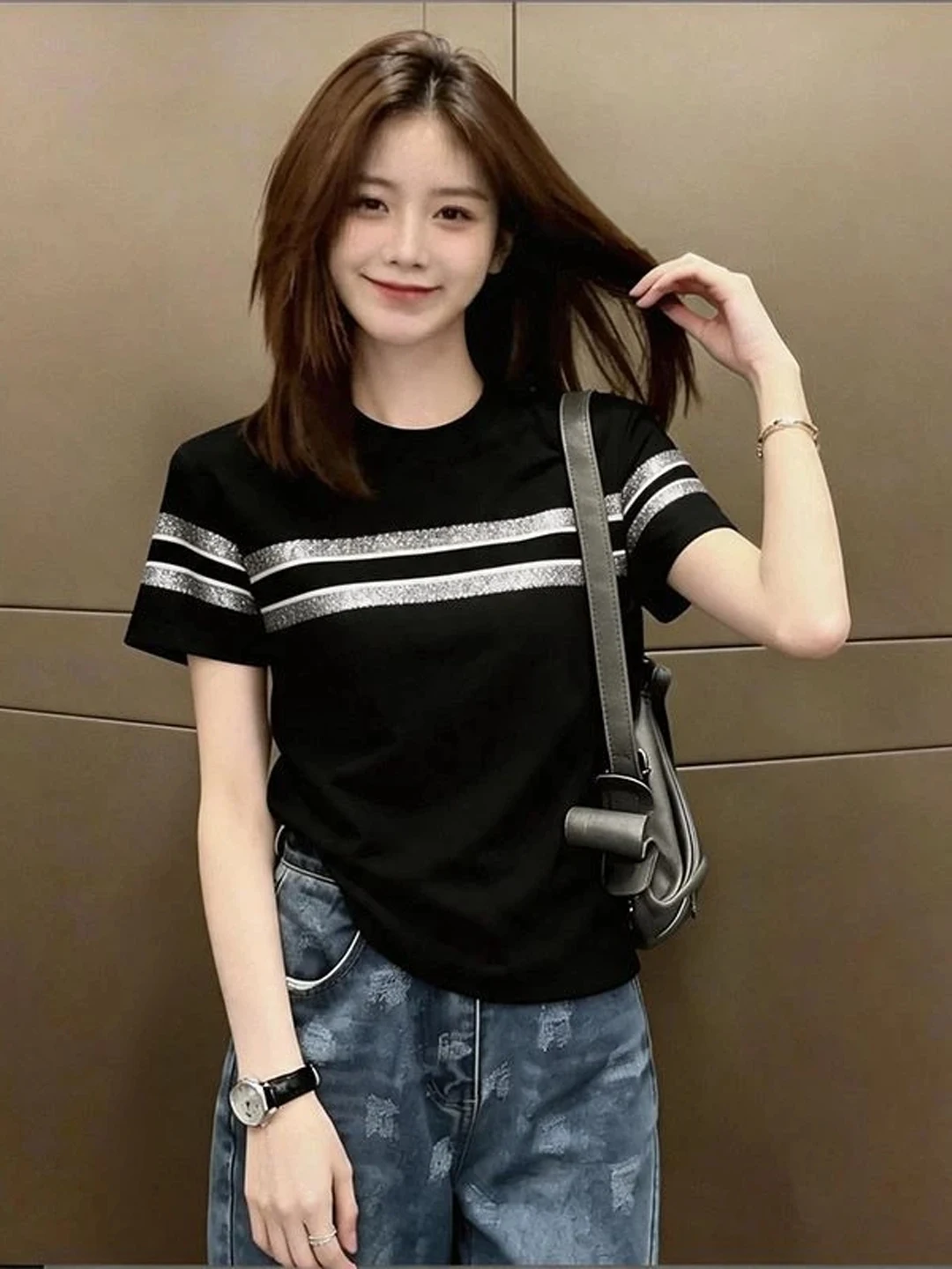 Korean Style Striped Loose Short Sleeve T-Shirt Women's plus Size Summer New Fashion Big Code Fat MM High-End Feeling Top