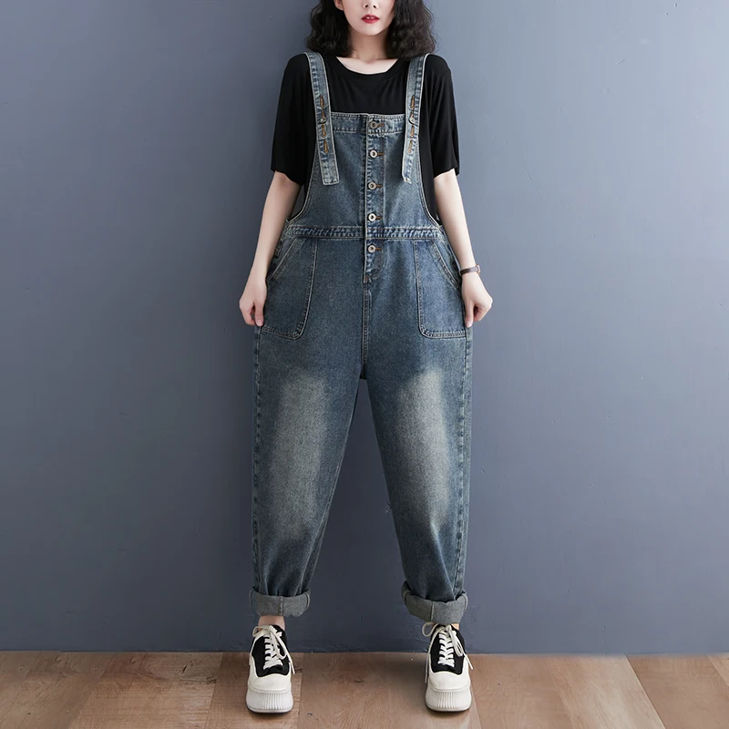 Streetwear Cargo Denim Jumpsuit Women Vintage Loose Big Size Wide Leg Jean Overalls Single Breasted Rompers Straps Baggy Pants