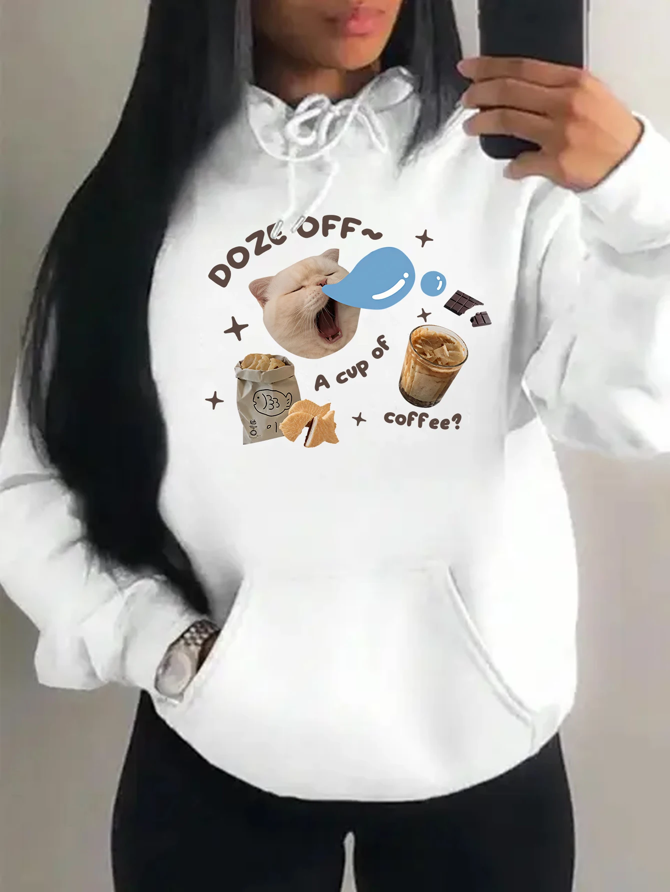 Sleepy Cat American Retro Cute Prints Hoody Women Loose Pocket Clothing Multicolor Streetwear Autumn Pullover Fleece Hoody