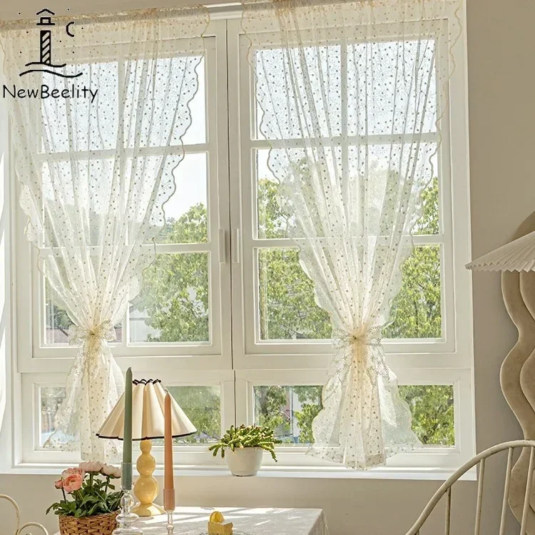 

French Lace Gauze Curtain Cream Embroidery Short Curtain Bay Window Blackout Small Window Pastoral Style Partition Door Tulle