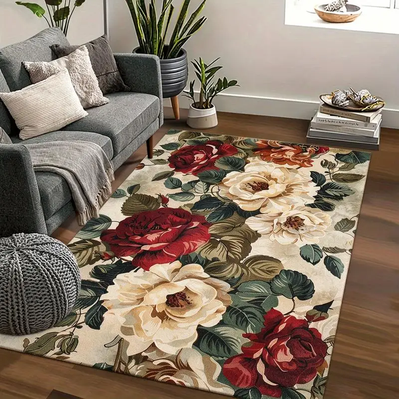 1PC Cream Red Green Multicolor Floral Runner Rug, Boho Chic Washable Rug for Entryway, Bedroom, Kitchen, Laundry Room, Dining Room