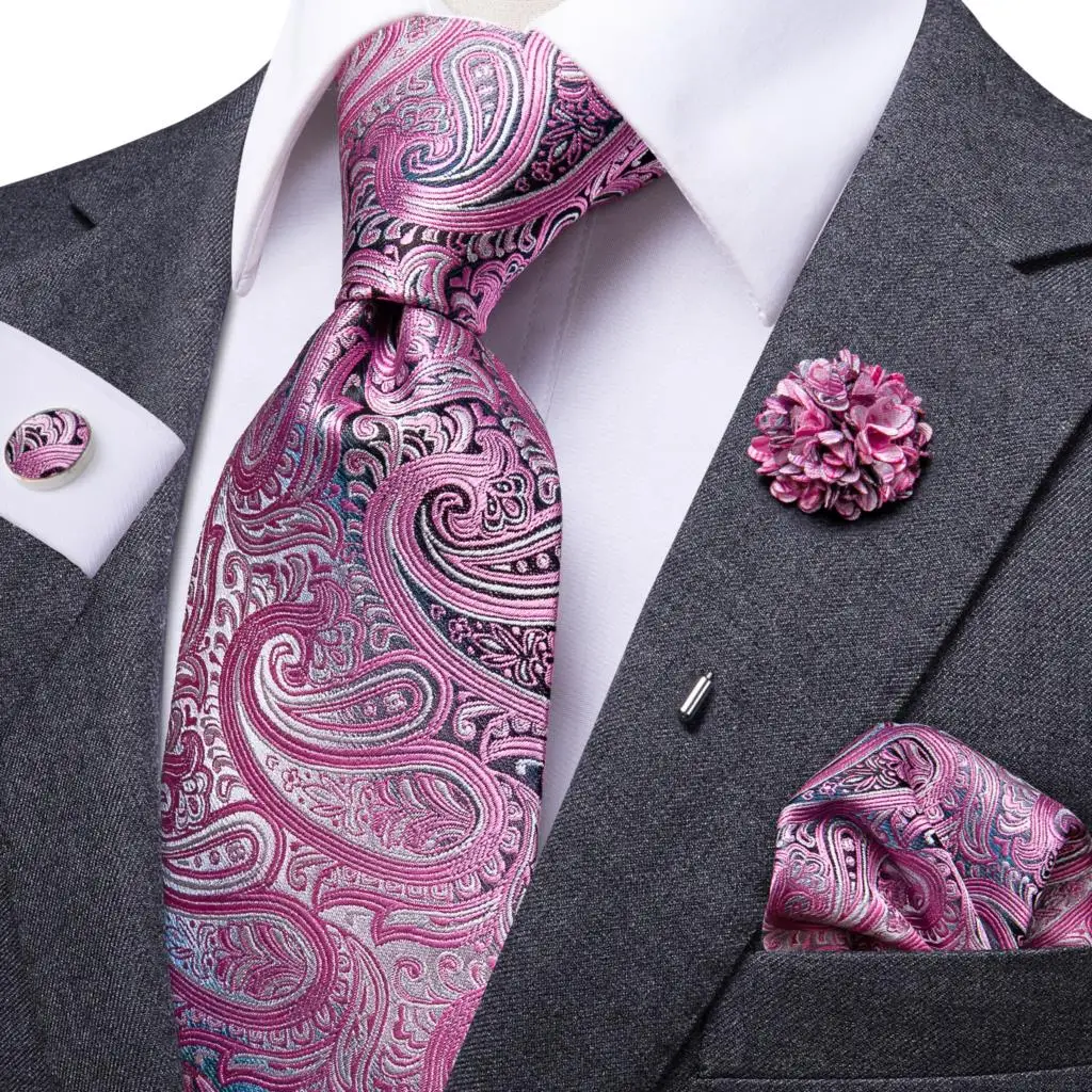 Mens Necktie Luxury 8.5cm Pink Paisley Silk Business Tie Pocket Square Cufflink Brooch Wedding Gift For Men Hi-Tie Designer