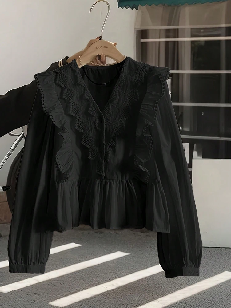 حجم كبير 2025 الخريف الوافدين الجدد المرأة عادية بلون الدانتيل لوحة تكدرت بأكمام طويلة قمة عصرية وأنيقة #5