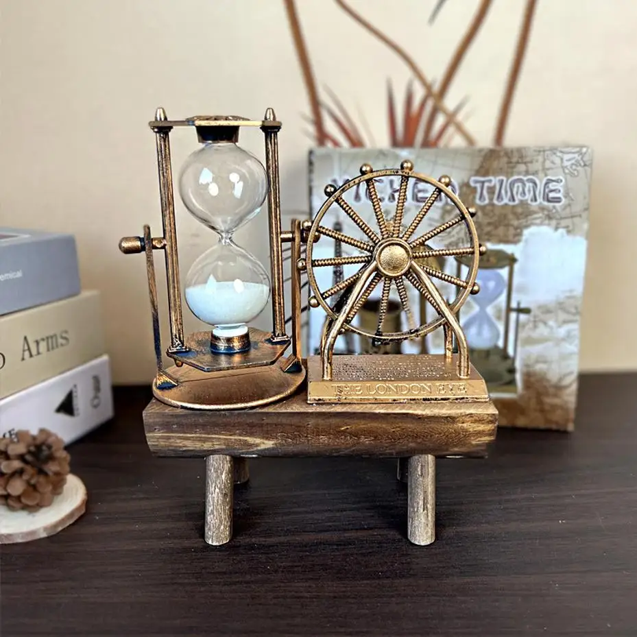 Creative Retro Iron Tower Hourglass Ornament Simple Modern Home Study Wooden Seat Hourglass Decoration Creative Birthday Gift