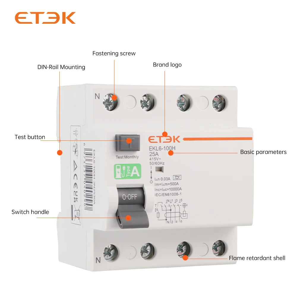 ETEK Type A RCD RCCB Electromechanic Residual Current Circuit Breaker 30ma 2 Pole10KA 3P+N 4P 40A DC 230V EKL6-100H