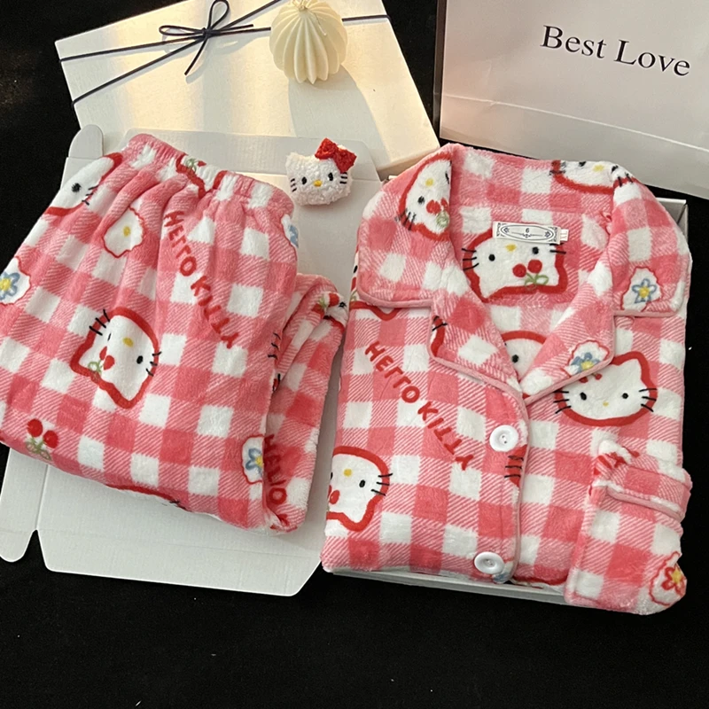 Winter Women's Hello Kitty Pajama Set Cartoon Flannel Pajamas Thickened Fluffy Plush Warm Comfortable Loose High Quality