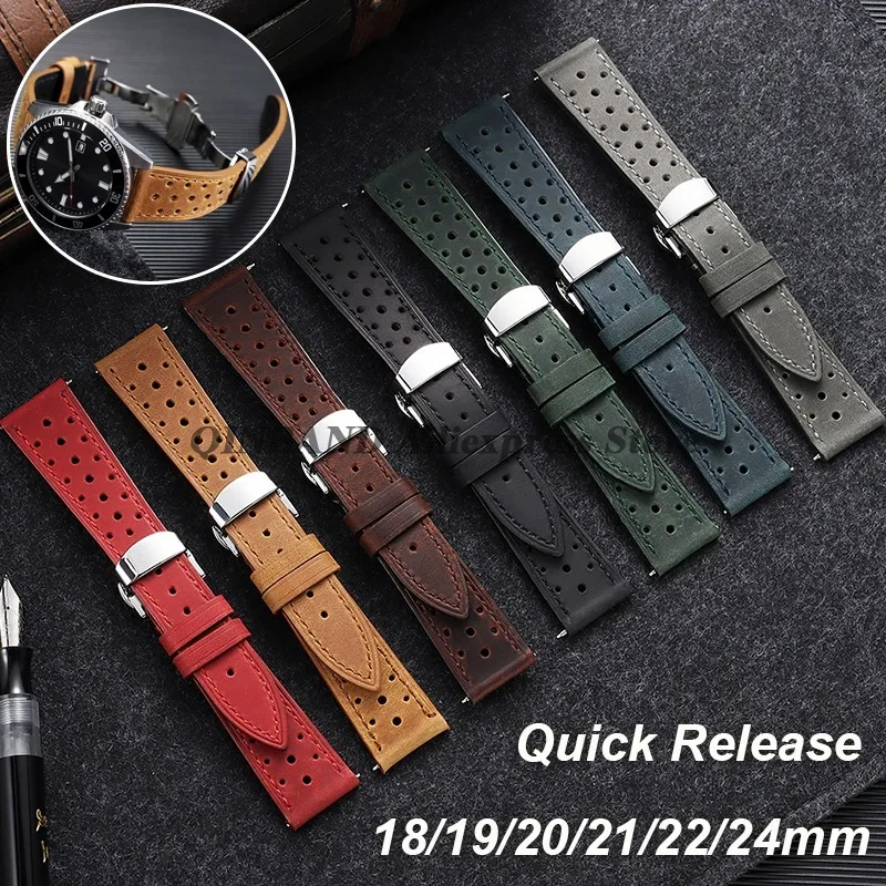 18mm 19mm 20mm 21mm 22mm 24mm Vintage Racing Leather Watch Strap Porous Quick Release Watch Band Business Bracelet Men Wristbelt