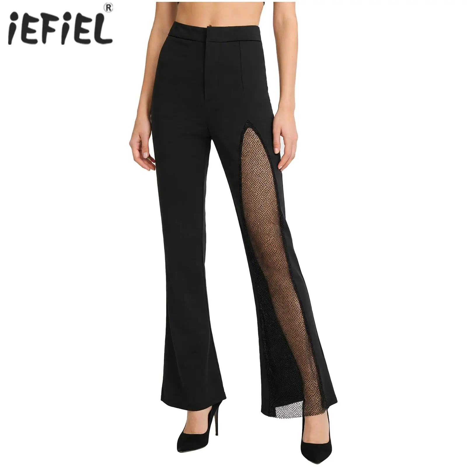 

Женские расклешенные брюки из слегка прозрачной сетки с асимметричным дизайном на одной ноге, длинные брюки-клеш в стиле пэчворк для уличной моды и танцев