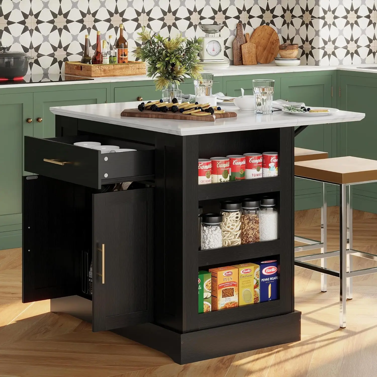 Large Kitchen Island with Storage & Power Outlet, Drawer, Adjustable Shelves, Side Open Compartments, and Drop Leaf,Isl