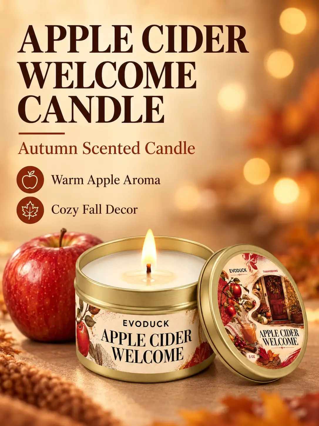 1pc Apple Cider Scented Fall Candle 3oz Mini Gold Tin With Gift Box & Card, Sweet Apple Cinnamon Woodsy Autumn Scent, Bedroom Nightstand Cozy Harvest Decor, Thanksgiving Hostess Gifts For Women Mom Home Fragrance