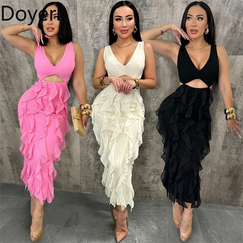 Doyerl Elegante abito lungo aderente scollato da donna Club Wear Canotta da festa senza maniche con scollo a V Guaina con volant Abiti lunghi di mezzanotte