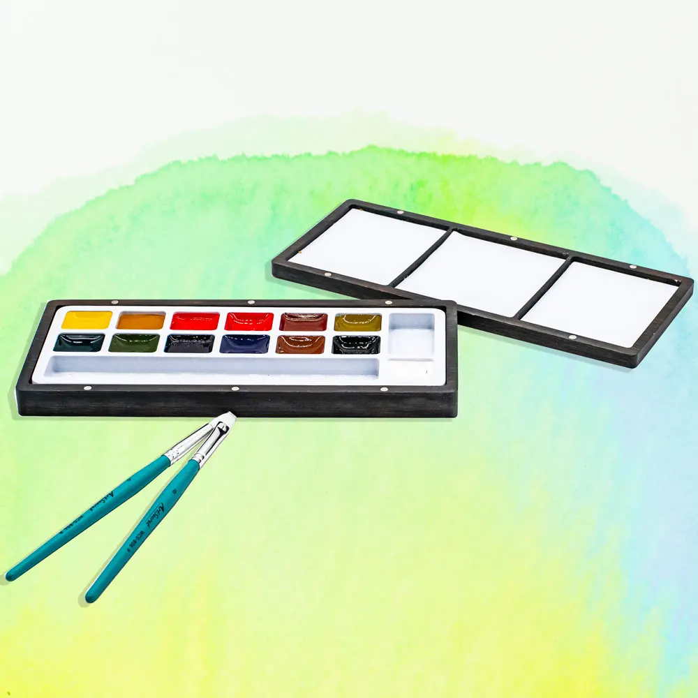 ArtSecret 13 Solid Watercolor Palette Set Woden Box With Pigment & Paint Brush Art Supplies for Artist WCS-806