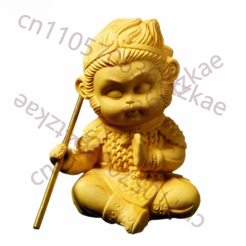 Solid Wood Carving Sun Wukong Chinese Mythical Character Sculpture Mini Statue