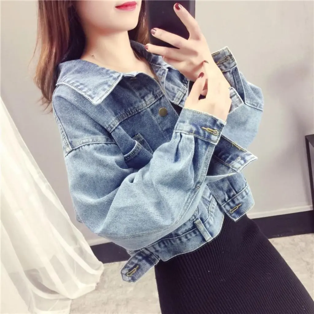 

Women's Korean Style Denim Jacket Autumn Spring Loose Fit Short Easiest to Match for Students Casual Jacket