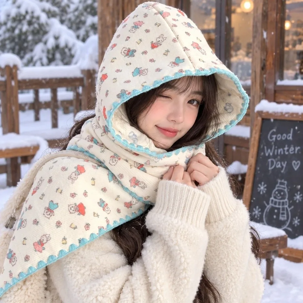 Double-Sided Winter Scarf Hat Warm Thick Hooded Earmuffs Scarf Convertible Floral Print Two-In-One Hat Scarf Daily Wear
