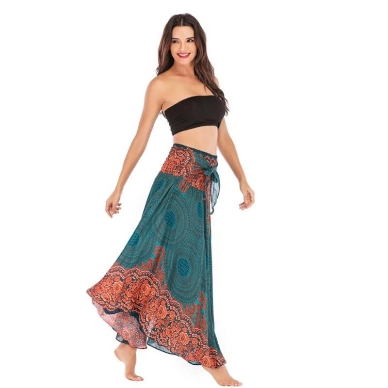 HX6F Vibrant Green Floral Skirt Long Printed Fashionable and Distinctive Pattern