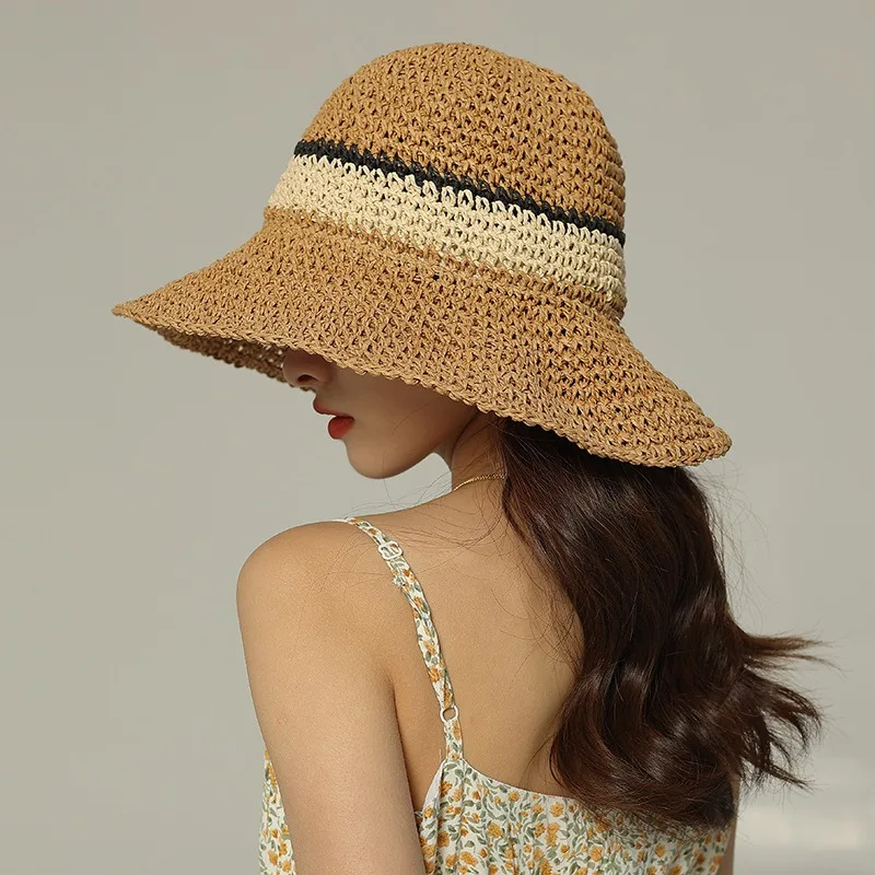 100%Raffia rainbow Girl Sun Hat Wide Brim Floppy Summer Hats For Women Beach Panama Straw Dome Bucket Hat Femme Shade Hat