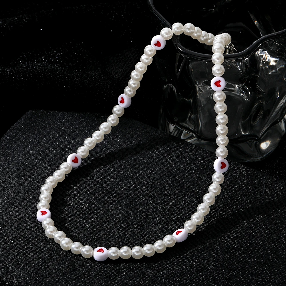 IPARAM Y2K Artificial Pearls Beads Necklace for Women Girls Red Heart Pendant Cute Love Vintage Choker Necklaces Fashion Jewelry