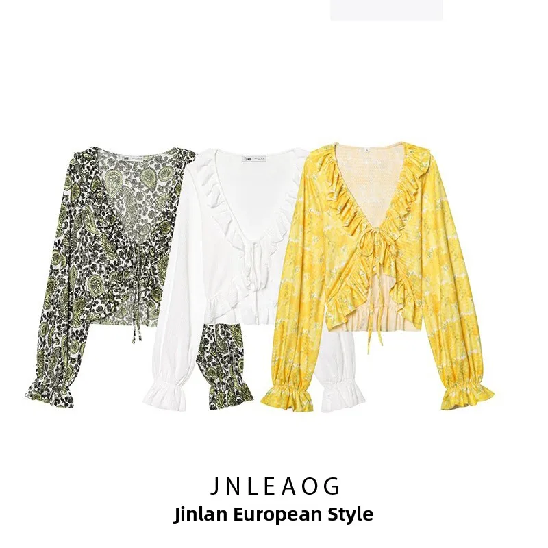 

JNLEAOG Women's V-Ne Long Sve irt Autumn New Sle Layered Decoration European Sle Loose Fit Polyester Casual Top