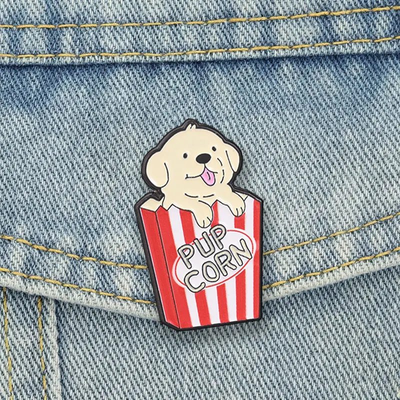 Pupcorn Welpen-Popcorn Cartoon Emaille-Anstecknadel Niedlicher Hund Film-Snack Wortspiel Brosche Reversnadel Schmuck Geschenk für Hundeliebhaber Kino-Fans – Detail 9