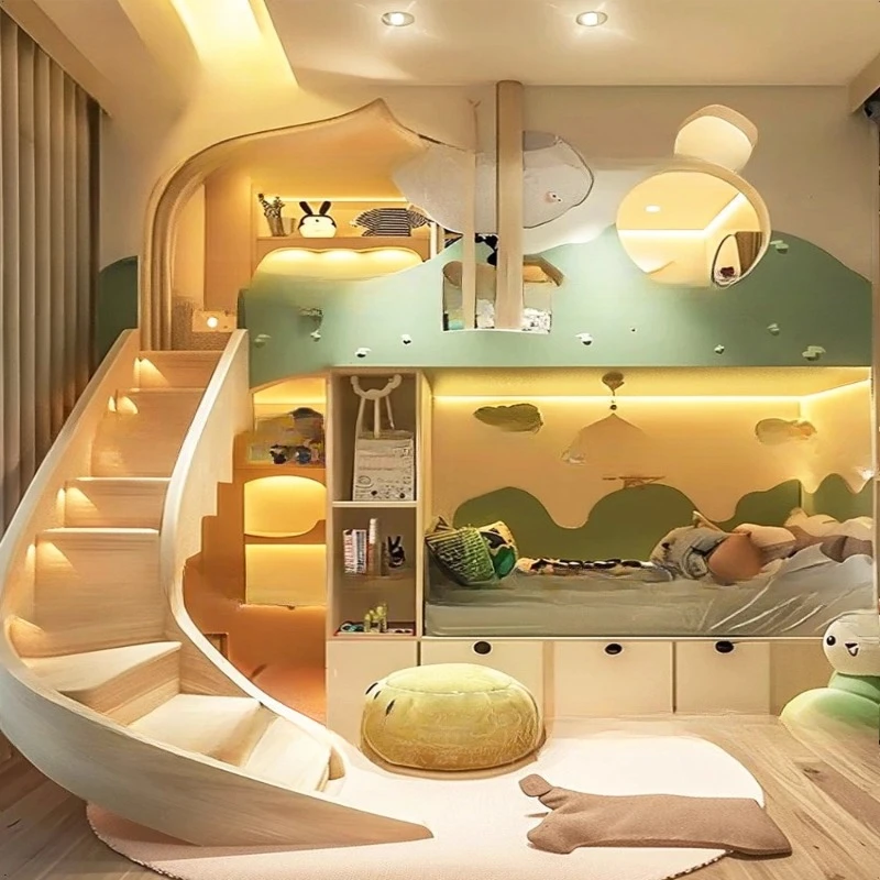 rumah bermain anak, tempat tidur tingkat anak laki-laki dan perempuan, tempat tidur rumah pohon hijau, tempat tidur tingkat hutan angin