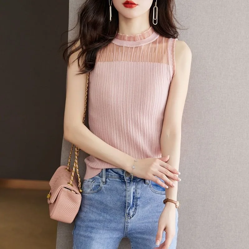 

2024 New Summer Commuting Chic Fashion Versatile Sleeveless Round Neck Slim Fit Lace Gauze Solid Stripe T-shirt Women's Top