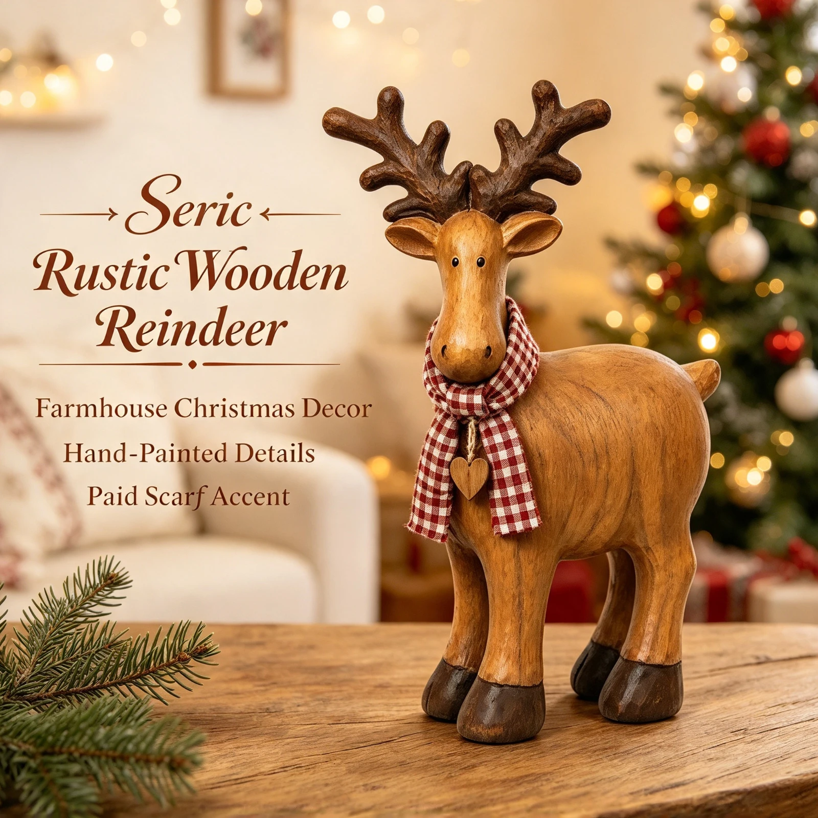 Rustic Wooden Reindeer Figurine Farmhouse, Christmas Decor Faux Deer Statue, With Scarf Ornament Home Table, Desktop Gift Xmas