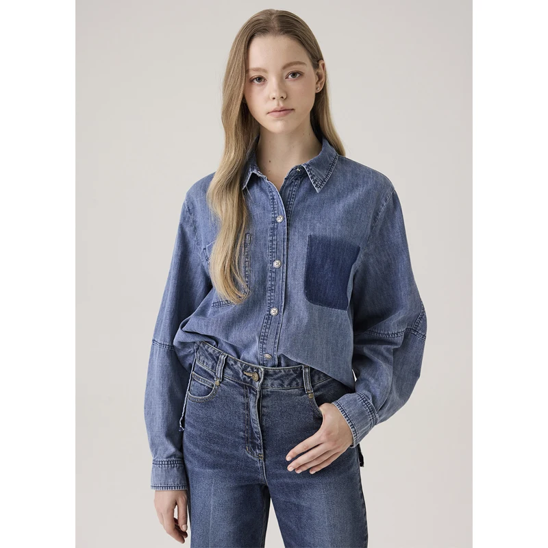 

Selfwill Women's Loose oulder Denim irt MICOAT Casual Unique Waed Color Retention ket Detailing Long Sve irt