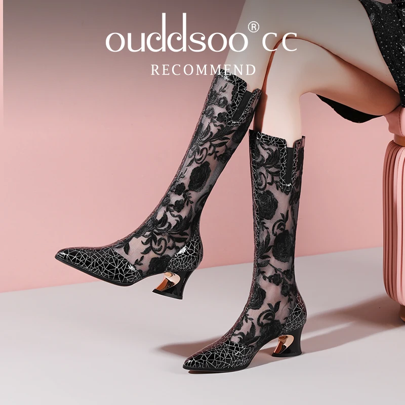 Ods Ethnic Style Summer Trend Real Soft Leather High Heel Mesh Sandal Boots Chunky Heels Hollow Hole Shoes Embroidered Lady Lace