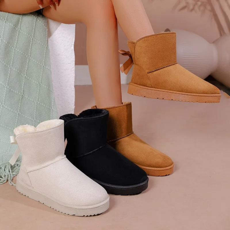 

2025 г., модные пикантные повседневные ботинки с круглым носком и бантом, зимние нескользящие удобные и теплые ботинки большого размера на толстой подошве