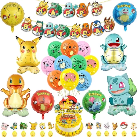 Pokemon Latex Balloon Happy Birthday Banner Pikachu Foil Ballons Party Decoration Plate Disposable Tableware Cake Topper Toy