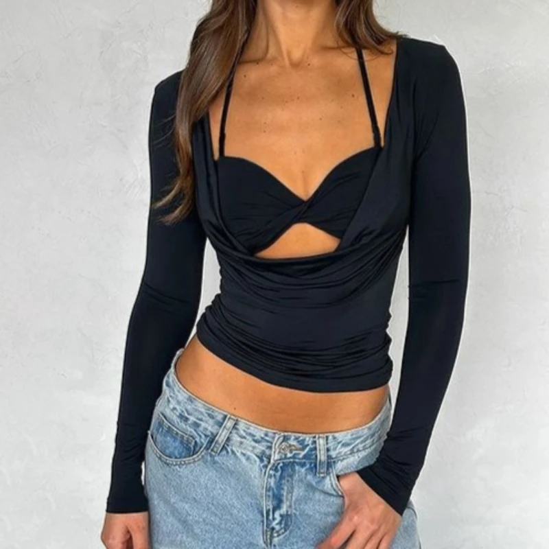 Sexy Halter Neck Wrap Chest Drape T Shirt Women Long Sleeves Bottoming Shirt Ladies Tee Shirt Tops Mujer