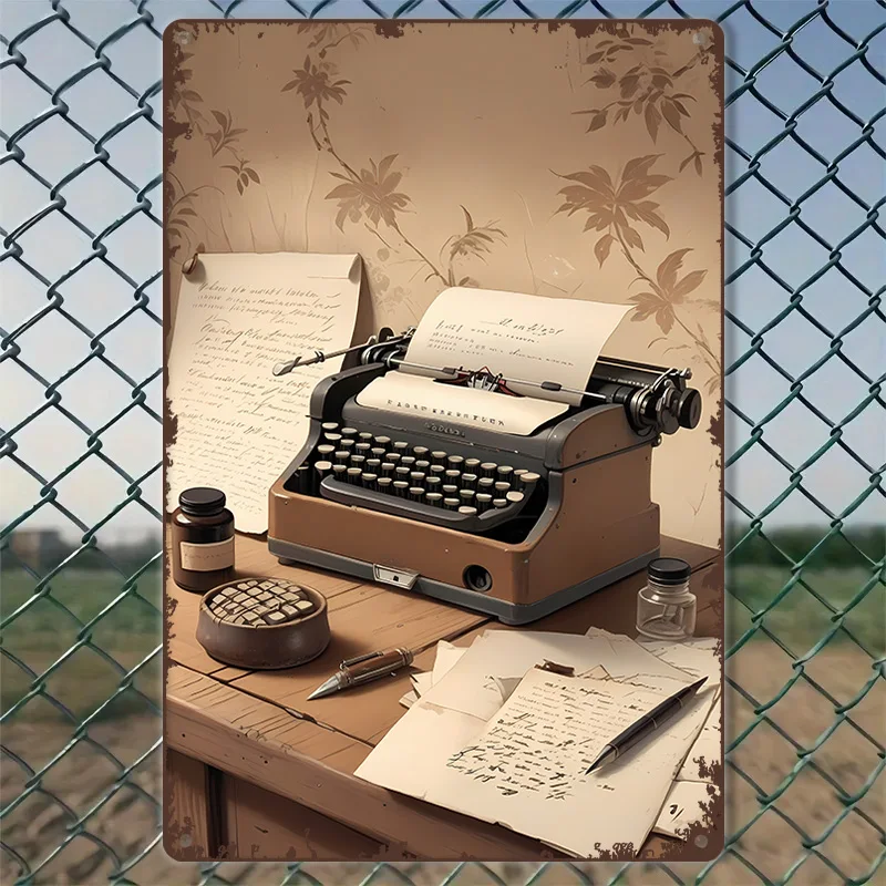 

1pc Vintage Embossed Tin Sign "Vintage Typewriter Scene Retro Style Wall Art"