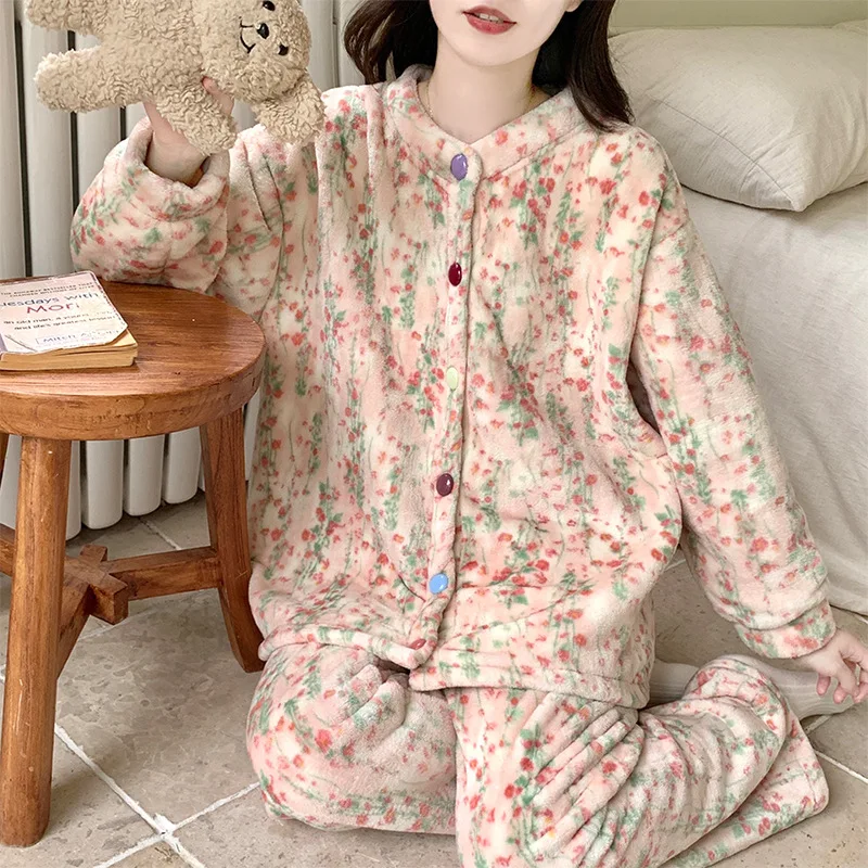 Conjunto de pijama con cárdigan para mujer, ropa de dormir cálida de manga larga con forro polar, ropa de dormir cómoda y acogedora para el hogar, novedad de otoño
